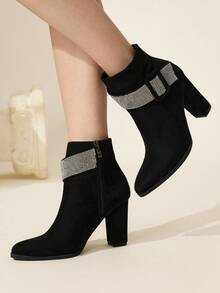 CUCCOO CHICEST Botas de tobillo con tacón grueso de strass para mujer, nuevas botas de vestir de terciopelo para otoño/invierno - Negro - Ver 5