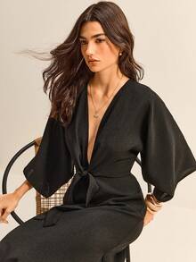 Daynim Solid Knot Front Split Side Denim Dress - Black - View 3