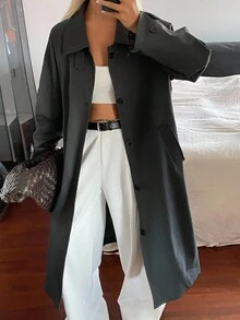 DAZY 拼接格纹宽松长袖翻领袖口休闲街头秋冬女式外套 - 灰色 - 查看 4