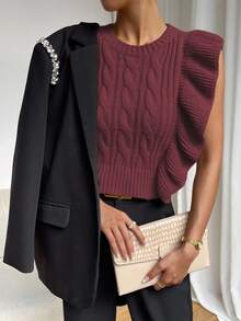 SHEIN LUNE Women's Solid Color Round Neck Cable Ruffle Hem Sleeveless Sweater Vest - Maroon - View 6