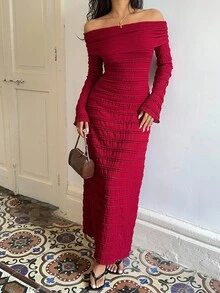 Sunnyshic Women's Solid Color Off Shoulder Long Sleeve Ruched Wedding Party Dress, Textured Fabric, Suitable For Evening Dates - Burgundy - View 4