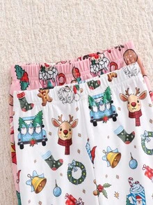 SHEIN 4pcs Young Girl Christmas Pattern Knit T-Shirt & Leggings Pajama Set,Cotton Bamboo Snug Fit Night Fairy Pink Autumn Baby Shower Sleepwear - Multicolor - View 5