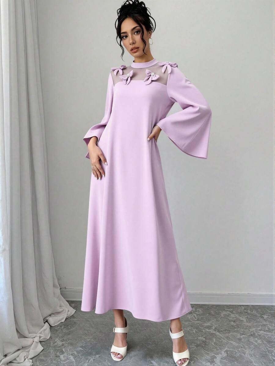 Yasmyna Women's Solid Color 3D Floral Decor Flare Sleeve Elegant Arabic Style Dress