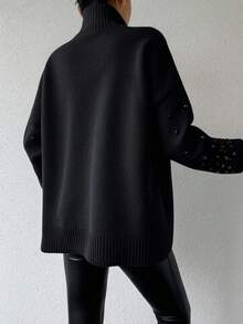 EURMUSE Maglione Da Donna Con Collo Alto E Spalle Scese Con Perline - nero - Visualizzare 2