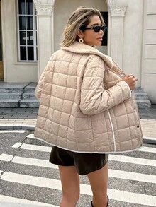 SHEIN Frenchy معطف شتوي كاجوال أحادي الصدر مزين بياقة من الفرو الاصطناعي للنساء - لون مشمشي - مشاهدة 2