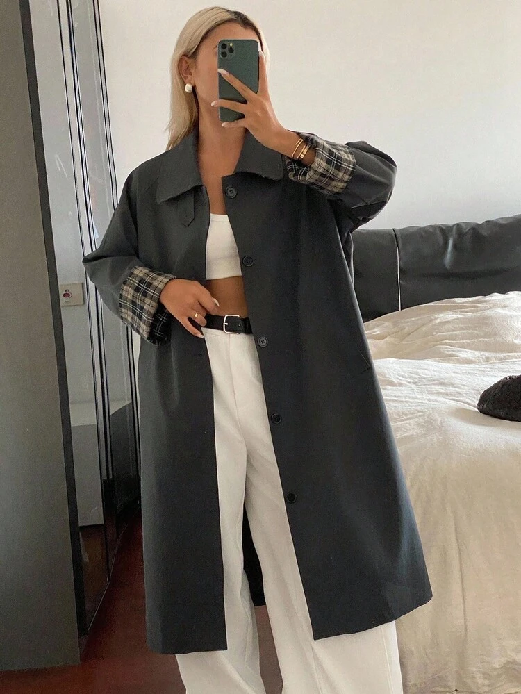 Patchwork Plaid Loose Long Sleeve Turndown Collar Cuff Casual Street Autumn/Winter Jacket For Women Women Coats