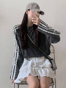 DAZY Women's Spring/Summer Side Striped Bowknot Decor Casual Round Neck Long Sleeve T-Shirt - Dark Grey - View 1