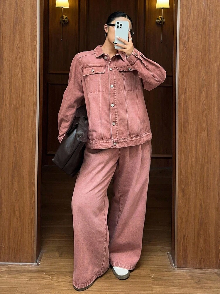 Dazy Plus 2pcs Plus Size Women Casual Pink Washed Denim Jacket & Pants Set, Loose Lapel Long Sleeve Shirt, Spring/Autumn