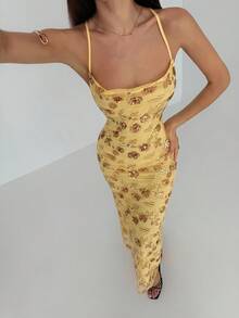 Aloruh Women's Spaghetti Strap Backless Sequin Dress, Fitted And Fashionable - Gold - View 7
