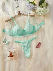 SHEIN Solid Color Lace Patchwork Sheer Supportive Daily Wear Women's Lingerie Set - Green - View 3