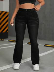 SHEIN EZwear Celana Jeans Flare Pinggang Tinggi Kasual Ukuran Besar/Musim Dingin - Hitam - View 7