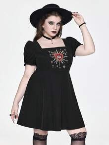 ROMWE Goth 大码女式心形刺绣方领泡泡袖休闲连衣裙 - 黑色 - 查看 2