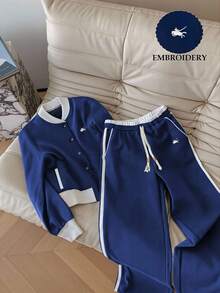 INAWLY Conjunto de 2 piezas de chaqueta de béisbol de manga larga azul y blanco y pantalones con bolsillos, para deportes al aire libre - Azul Marino - Ver 4