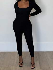 Alexandranx Solid Scoop Neck Unitard Spring Women Jumpsuit - Black - View 3