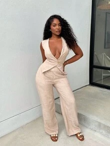 Alexandranx Bộ 2 món áo vest trơn và quần dài thường ngày cho nữ, mùa hè - Màu be - Xem 4