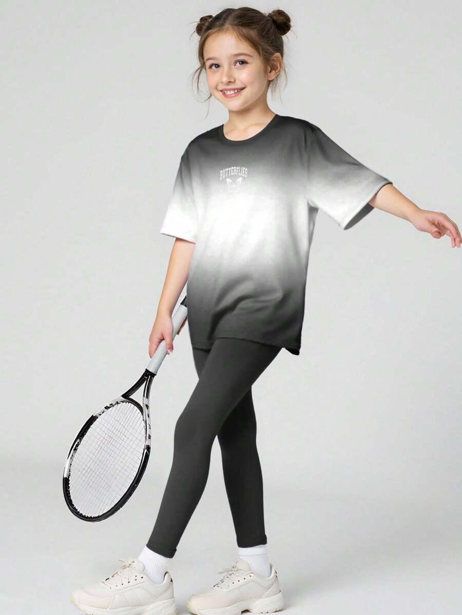 JNSQ 青少年女孩服装套装,儿童秋冬运动服,女童圆领扎染趣味字母印花宽松 T 恤搭配修身瑜伽裤 2 件套,适合秋冬日常穿着、户外活动、度假、街头服饰、派对和休闲 - 深灰色 - 查看 1
