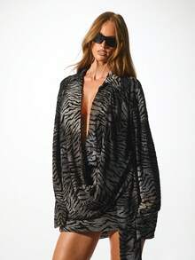 KIZN Long Sleeve Draped Mini Dress Animal Print Party Evening Fall Gathered Front Zebra Pattern Vintage Fashion Resort Glam Statement Piece Night Out - Black - View 4