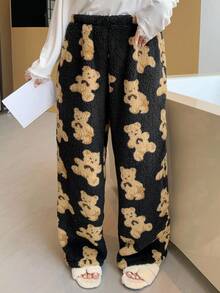 Dazy Plus 大码女式卡通熊图案松紧腰宽松加厚绒毛睡裤，秋冬季，舒适保暖 - 黑色 - 查看 7