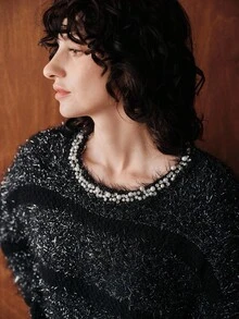 Uhlyne Minimalist Round Neck Long Sleeve Elegant Casual Knit Sweater, Handcrafted Beaded Details, Women Pullover, Suitable For Parties And Banquets, Autumn/Winter, Halloween Theme - Black - View 4