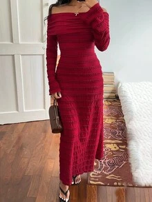 Sunnyshic Women's Solid Color Off Shoulder Long Sleeve Ruched Wedding Party Dress, Textured Fabric, Suitable For Evening Dates - Burgundy - View 5