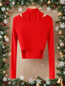 SHEIN LUNE Autumn And Winter Red Red Long-Sleeved Top, Christmas Halloween Elegant Versatile T-Shirt - Red - View 2
