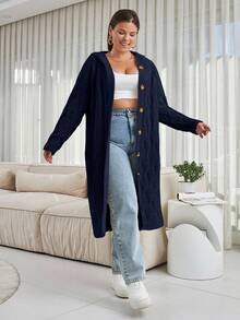 EURMUSE Plus Size Solid Color Cable Knit Hooded Casual Cardigan, Autumn/Winter - Navy Blue - View 6