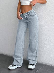 SHEIN Cottnline Quần jean ống rộng cạp trễ 100% cotton giặt tuyết - Màu xanh nhạt - Xem 3