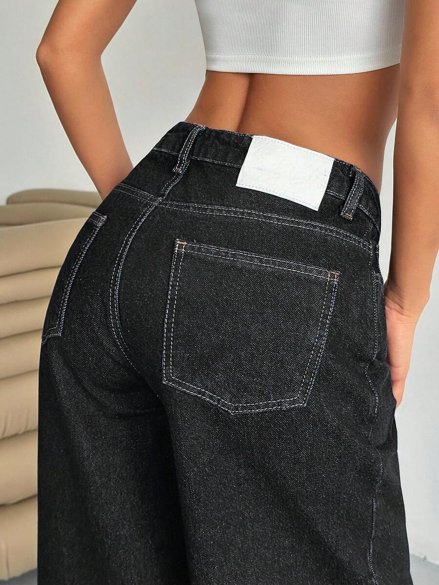 EURMUSE WOMEN LOW WAIST WIDELEG CASUAL STREET DARK BLUE WITH BACK LABEL WATER WASH - Dark Grey - View 1