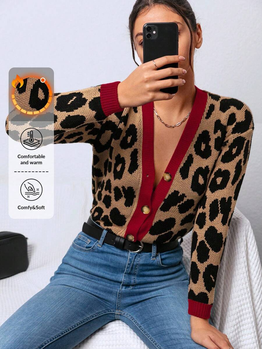 EURMUSE Leopard Pattern Contrast Trim Drop Shoulder Cardigan - Brown - View 1