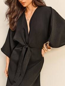 Daynim Solid Knot Front Split Side Denim Dress - Black - View 4