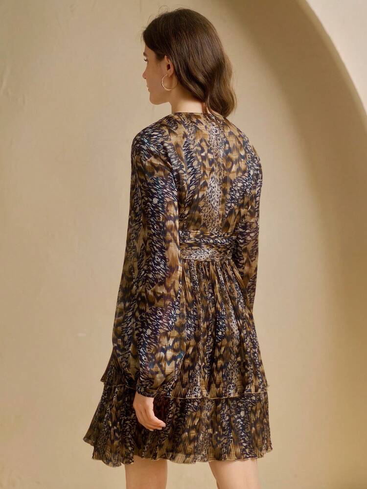 Seksowna sukienka damska z dekoltem w serek i nadrukiem w panterkę, plisowana, dwuwarstwowa, elegancka odzież jesienna dla kobiet