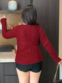 Dazy Plus Suéter de punto rojo de moda con diseño calado y ajuste ceñido, versátil para Año Nuevo, Navidad, otoño/invierno, talla grande para la escuela - Rojo - Ver 2