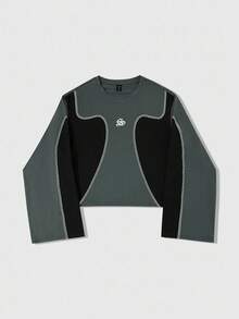 ROMWE MEN Street Life Men's Colorblock English Graphic Print Short Long Sleeve T-Shirt, Spring/Autumn - Black - View 6