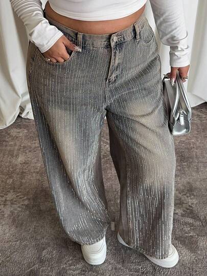 Dazy Plus Plus Size Women Elastic Waist Rhinestone Decor Striped Loose Straight Leg Long Jeans, Suitable For All Seasons, Party Wear