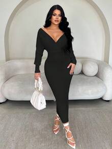 SHEIN SXY 女式性感优雅白色 V 领露肩长袖修身毛衣裙，适合日常穿着、办公室、约会、休闲、派对、感恩节、圣诞节长袖紧身连衣裙深 V 领连衣裙长款紧身连衣裙紧身长裙深 V 连衣裙长袖优雅连衣裙秋冬女装 - 黑色 - 查看 4