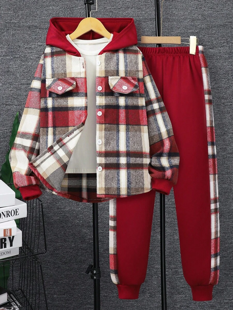 女童格子连帽夹克和慢跑裤套装 - 紅色 - 查看 1