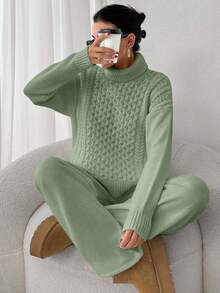 SHEIN Cottnline 2pcs Set: Cable Knit Turtleneck Long Sleeve Top And Solid Color Pants - Mint Green - View 5