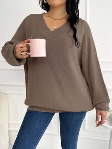 EURMUSE Plus Size Women's Solid V-Neck Casual Pullover Sweater - Mocha Brown - View 4