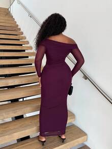 Alexandranx Romantic Off-Shoulder Mesh Twist Ruched Fitted Long Sleeve Dress For Women,Summer Dresses For Women,Tea Party Dress - Violet Purple - View 2