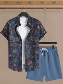 Surfspeed Men's Floral Print Short Sleeve Shirt And Shorts Beach Outfit, Summer