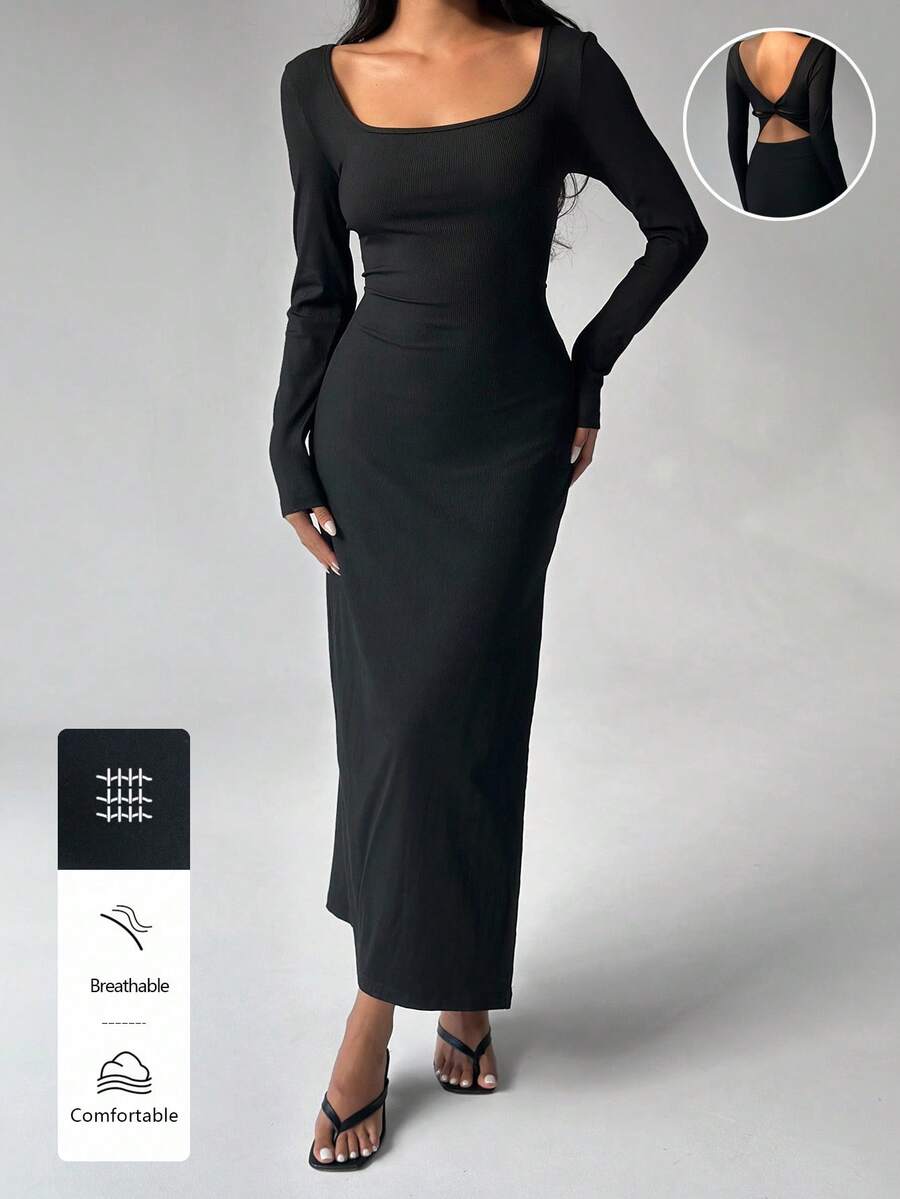 SHEIN MOOSTA 1 pieza Vestido negro de mujer de punto elástico con costillas, con espalda descubierta y abertura, para uso casual/diario en otoño - Negro - Ver 1