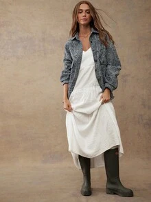 WESTFADE Kemeja Boyfriend Oversized Berkerah dengan Kancing Depan dan Kantong Serbaguna, Motif Paisley Jacquard, Campuran Katun Denim - Dark Wash - View 3