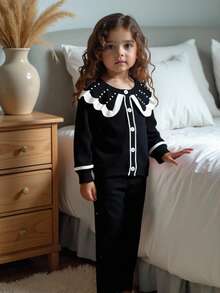SHEIN Elladie kids Young Girls Elegant Black Sweater Co-Ord Set With Pearl Decor Collar, Long Sleeve Knit Cardigan + Wide Leg Knit Pants, Soft Fabric Suitable For Daily, Outdoor, Travel, Holiday, Home, Daycare, School, Party Wear Fall Winter - Black - View 8