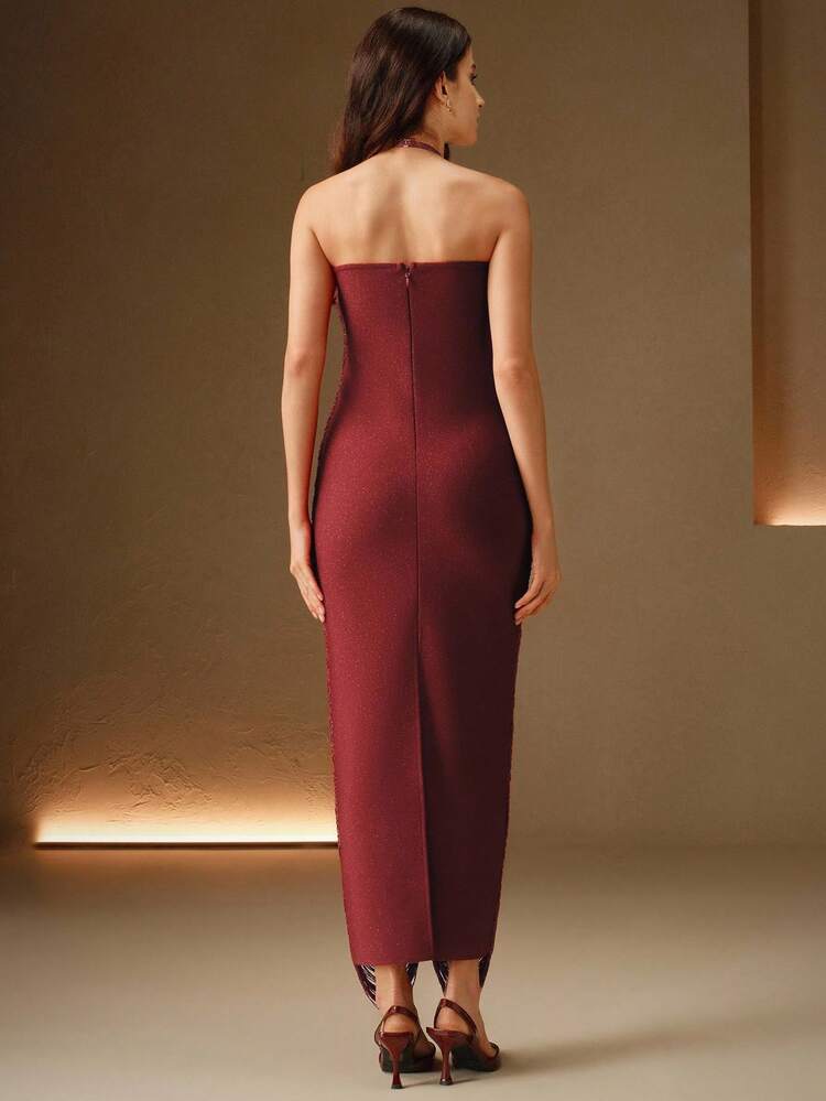 Elegant Cinnabar Red Bodycon Halter Tassel Dress, Luxurious Evening Gown, Fashionable Party Dress