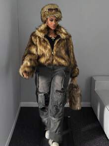Maweii Plus Size Women Faux Fur Lapel Zip-Up Waist Cinched Short Jacket, Rugged Outerwear, Brown, Autumn/Winter - Brown - View 6