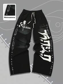 ROMWE MEN Black Jack X ROMWE Men Cartoon Figure Graphic Rhinestone Print Straight Leg Sweatpants - Black - View 1