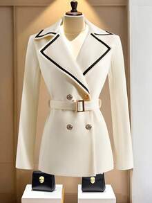 GlowEve Áo khoác Blazer nữ thiết kế cổ áo tương phản, eo bó sát, kiểu dáng thanh lịch, thường ngày/công sở, màu mơ, tay dài, thu/đông - Màu be - Xem 5