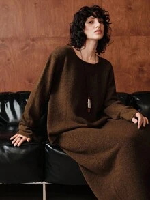 Uhlyne Uhlyne 秋冬羊毛面料极简奢华商务女装，优雅休闲复古复古风圆领长袖，女士毛衣两件套（上衣和裙子），适合通勤 - 咖啡棕 - 查看 10