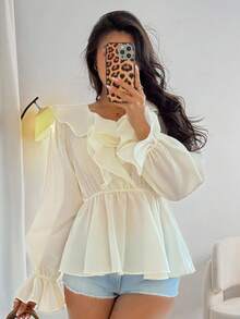 DAZY Áo kiểu nữ thanh lịch màu trơn, tay dài, xếp ly, ôm dáng, thích hợp cho mùa thu và kỳ nghỉ. - Màu vàng - Xem 5