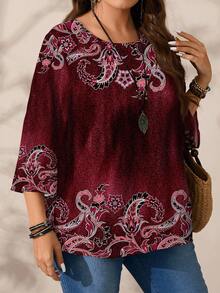 Mellowie 大码女式休闲全身印花宽松圆领 3/4 袖衬衫，秋冬款 - 黑色 - 查看 6